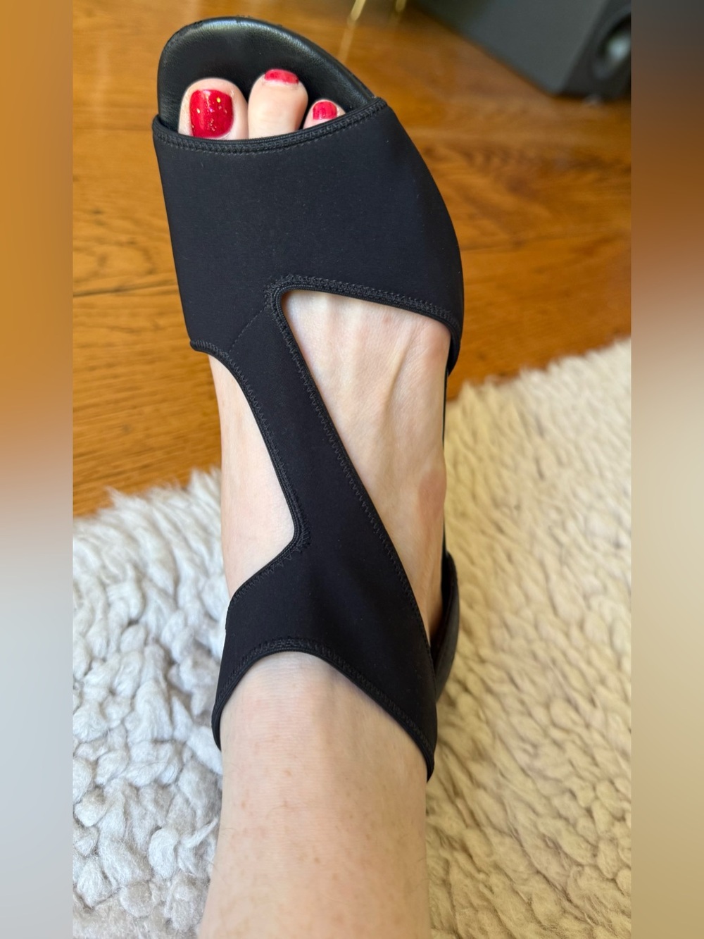Gabor Black Elastic Stretch Asymmetrical Peep Toe Sandals Heel Back Zip Size 7.5